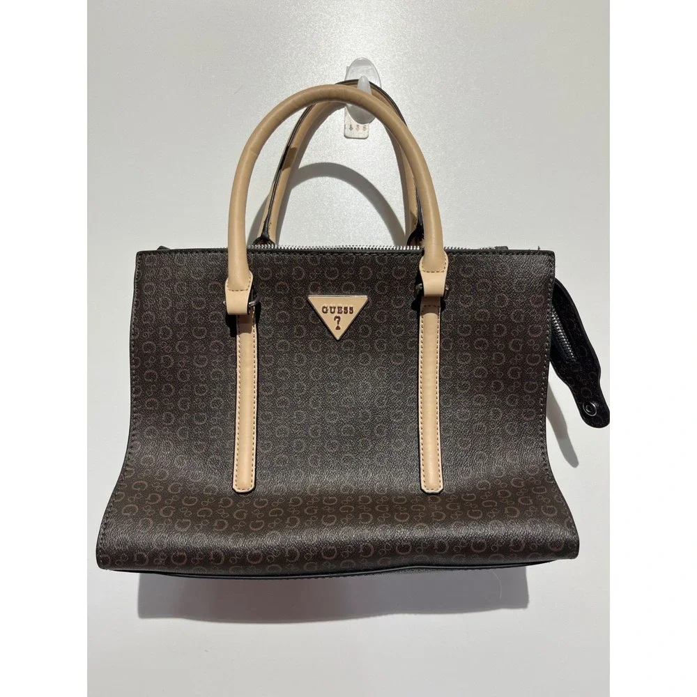 GUESS Brown Monogram Logo Satchel Handbag Tan Handles Structured‎ Zip Top Bag